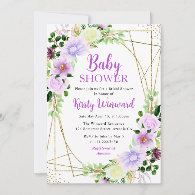 Purple Summer Flowers and Gold Frame Baby Shower Invitation (Front)