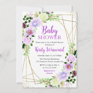 Purple Summer Flowers and Gold Frame Baby Shower Invitation