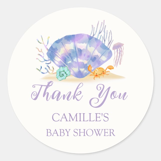 Purple Summer Sea Pearl Girl Baby Shower  Classic Round Sticker (Front)