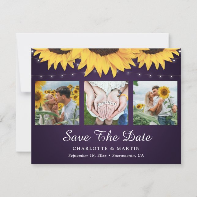 Purple Sunflower 3 Photo Save The Date Cards (Front)