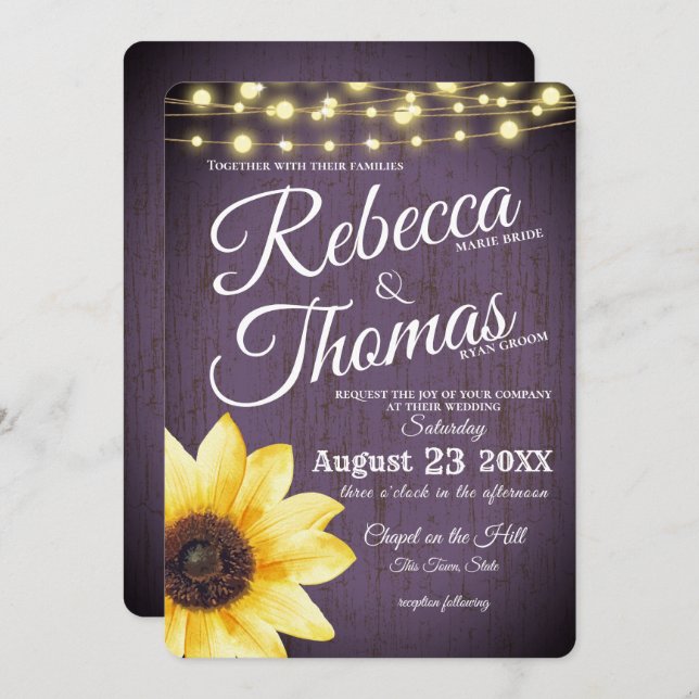 Purple Sunflower and Lights Rustic Wedding Invitation (Front/Back)