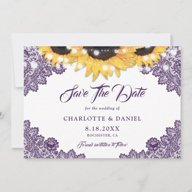Purple Sunflower Floral Lace String Lights Wedding Save The Date (Front)