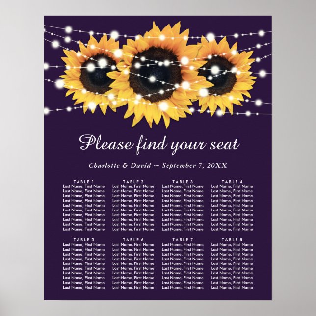 Purple Sunflower Floral Wedding Seating Chart 8 (Front)