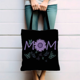 Purple Sunflower MOM Watercolor Butterflies Tote Bag