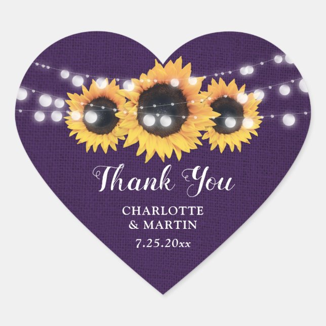 Purple Sunflower Rustic Country Wedding Thank You Heart Sticker (Front)