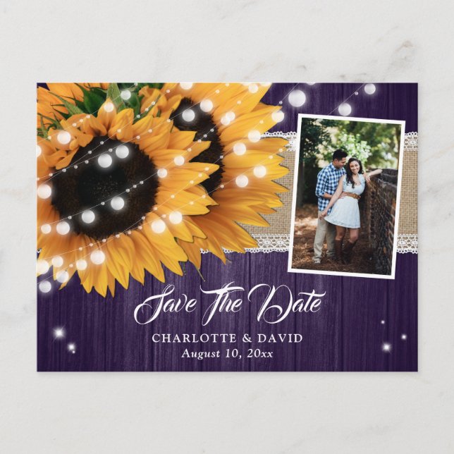 Purple Sunflower Save The Date Photo Postcards (Front)