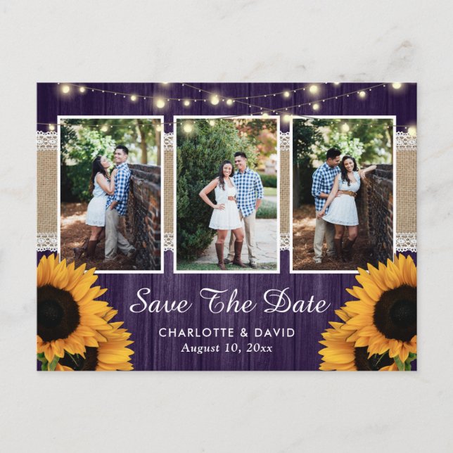 Purple Sunflower Save The Date Photo Postcards (Front)