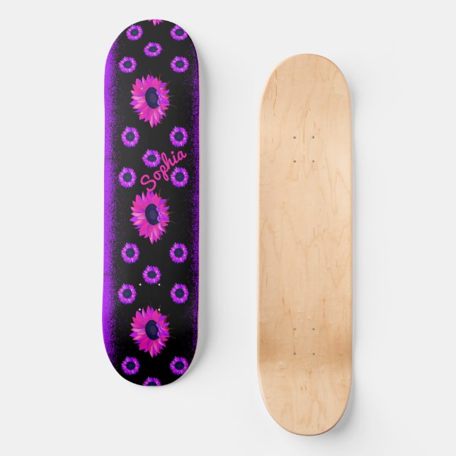 Purple Sunflower Sparkle Personalised  Skateboard (Front)