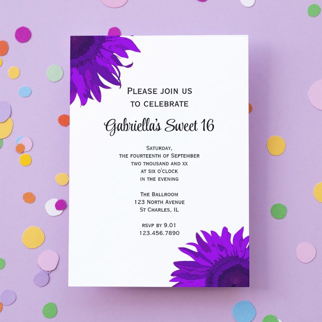 Purple Sunflower Sweet 16 Birthday Party Invitation (Creator Uploaded)
