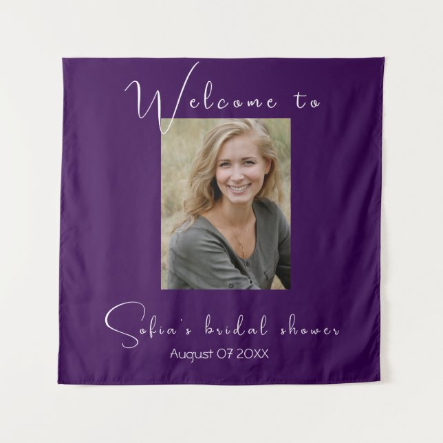 Purple sunflower watercolor photo bridal shower tapestry (Front)