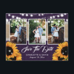 Purple Sunflower Wedding 3 Photo Save The Date Announcement Postcard<br><div class="desc">Rustic purple wedding photo save the date postcard featuring sunflowers,  string lights,  burlap and lace.</div>