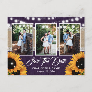 Purple Sunflower Wedding 3 Photo Save The Date Announcement Postcard