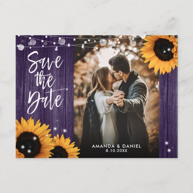 Purple Sunflower Wedding Photo Save The Date Announcement Postcard (Front)