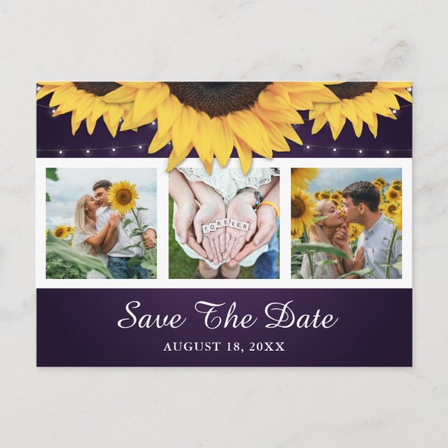 Purple Sunflower Wedding Photo Save The Date Announcement Postcard (Front)