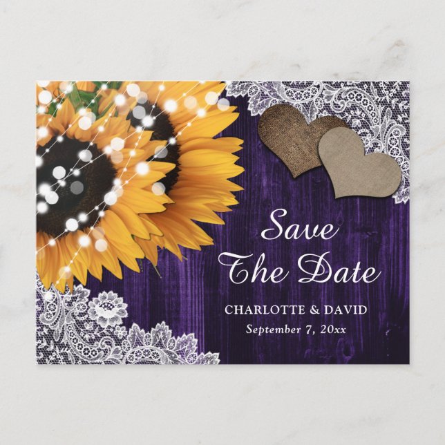 Purple Sunflower Wedding Save The Date Postcard (Front)
