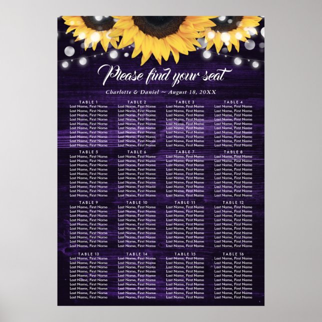 Purple Sunflower Wedding Seating Chart 16 (Front)