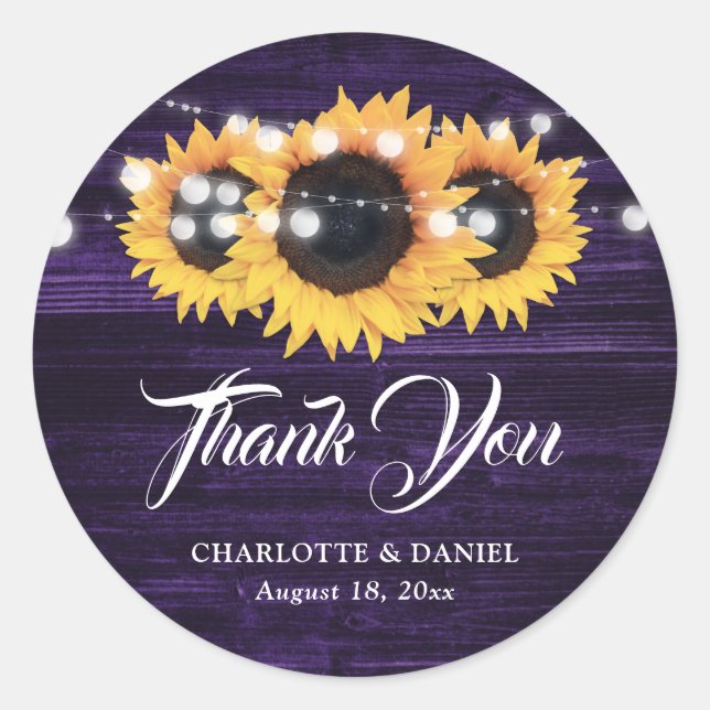 Purple Sunflower Wedding Thank You Stickers (Front)