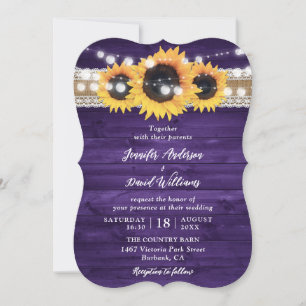 Purple Sunflower Wood Burlap String Lights Wedding Invitation