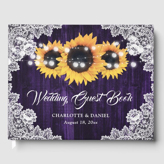Purple Sunflower Wood Floral Lace Wedding Guest Book (Front)