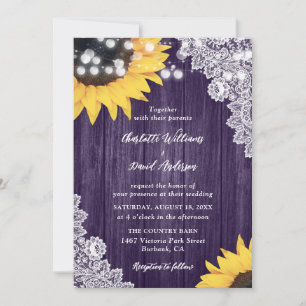 Purple Sunflower Wood Floral Lace Wedding Invitation