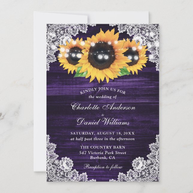 Purple Sunflower Wood Lace String Lights Wedding Invitation (Front)