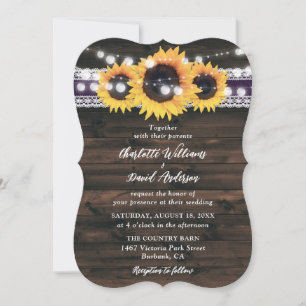 Purple Sunflower Wood Lace String Lights Wedding Invitation