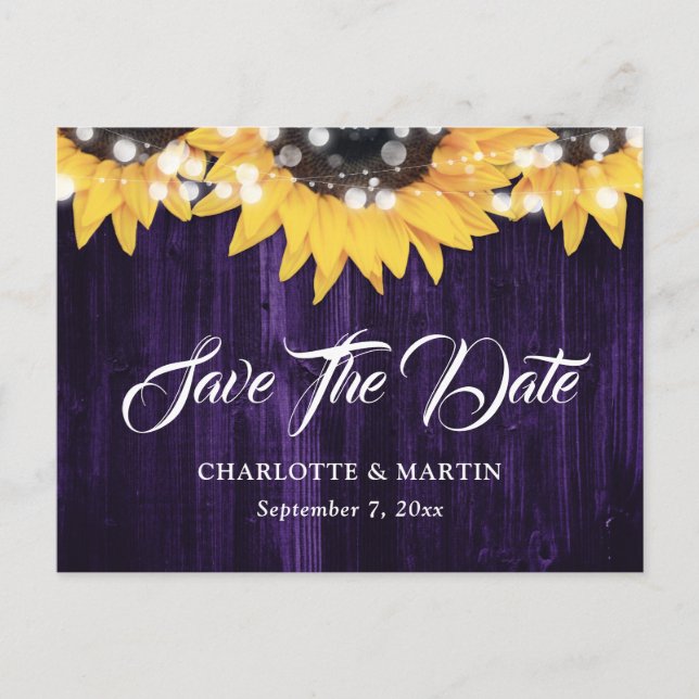 Purple Sunflower Wood Lights Wedding Save The Date Announcement Postcard (Front)