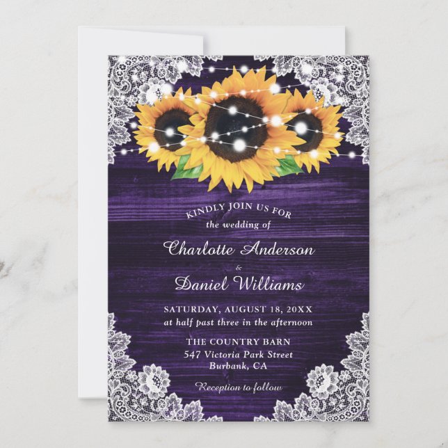 Purple Sunflower Wood String Lights Wedding Invitation (Front)