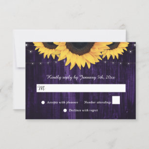 Purple Sunflower Wood String Lights Wedding RSVP Card