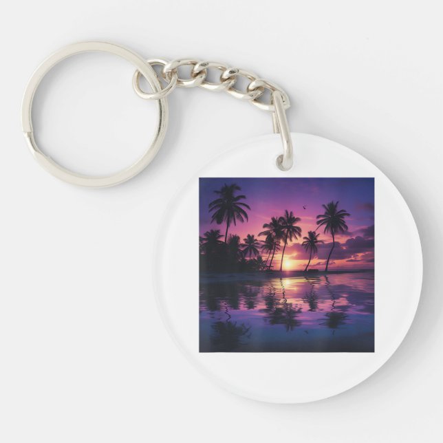 Purple Sunset Beach Palm Trees  Key Ring (Front)