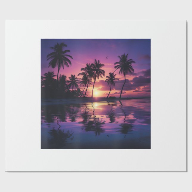 Purple Sunset Beach Palm Trees Wrapping Paper (Flat)