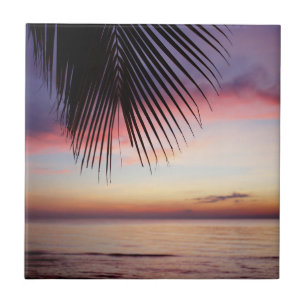 Purple Sunset Beach Tropical Palm Tree Silhouette Tile