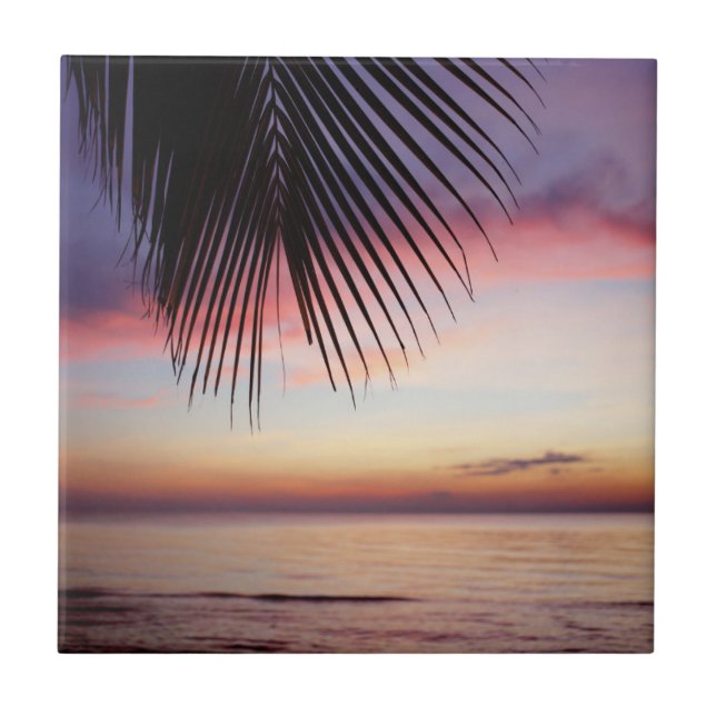 Purple Sunset Beach Tropical Palm Tree Silhouette Tile (Front)
