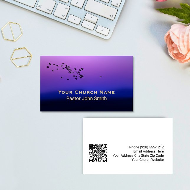 Purple Sunset Birds Church Pastor QR Code Business Card (Purple Sunset Birds Church Pastor QR Code Business Card)