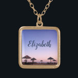 Purple Sunset California Beach Photo Monogram Name Gold Plated Necklace<br><div class="desc">A purple blue and pink sunset on a Southern California beach with thatched palapas oozes relaxation and reflection. Travel back to your vacation beach days whenever you wear this stunning, beautiful photography personalised name charm necklace. This necklace comes in small, medium and large sizes, as well as both square and...</div>