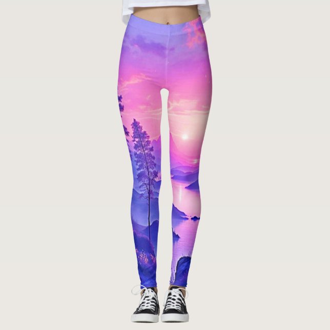 Purple Sunset Landscape Art Leggings (Front)