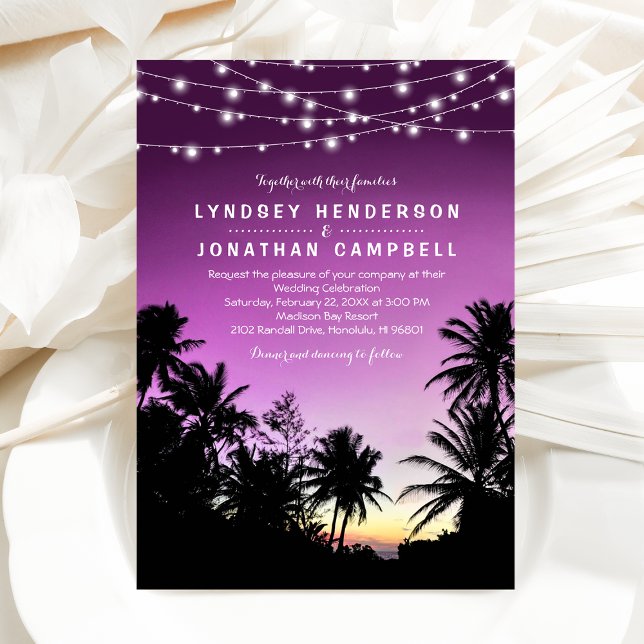 Purple Sunset Palm Tree Beach Lights Wedding Invitation (Creator Uploaded)