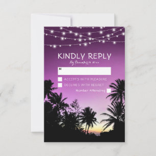 Purple Sunset Palm Tree Beach Lights Wedding RSVP Card
