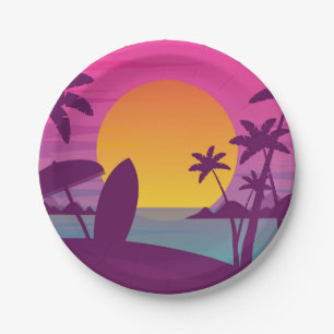 Purple sunset surf beach paper plate
