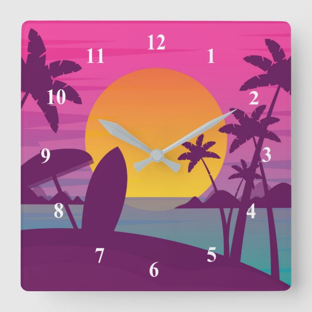Purple sunset surf beach square wall clock (Front)