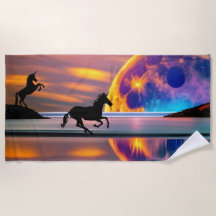 Purple Sunset, unicorns, Full Moon on the beach 