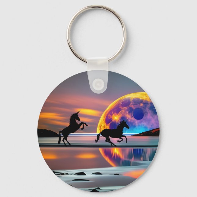 Purple Sunset, unicorns, Full Moon on the beach   Key Ring (Front)