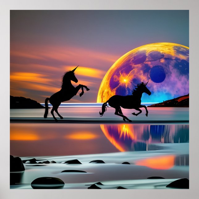 Purple Sunset, unicorns, Full Moon on the beach  Poster (Front)