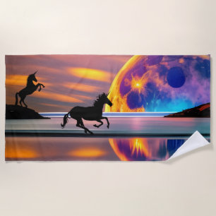Purple Sunset, unicorns, Full Moon on the beach  Towel