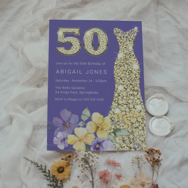 Purple & Sunshine Gold Gown 50th Birthday Party Invitation (Creator Uploaded)
