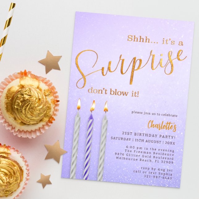 Purple Surprise Birthday Invitation Glitter Candle (Surprise Birthday Party Invitation)