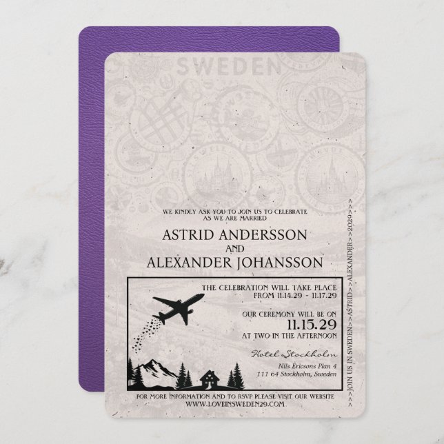 Purple Sweden Passport Wedding Invitation (Front/Back)