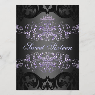 Purple Sweet16 Tiara Damask Birthday Invite