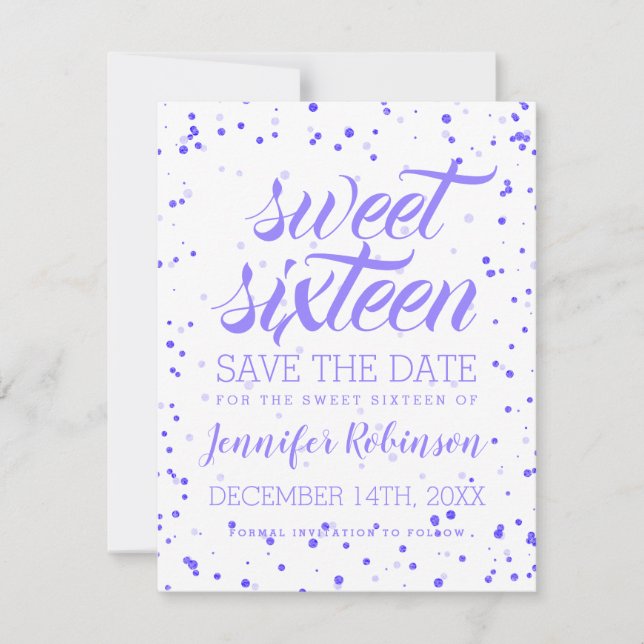 Purple Sweet 16 Birthday Party Save Date Confetti Save The Date (Front)
