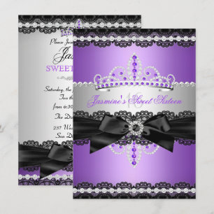 Purple Sweet 16 Birthday Party Silver Black Lace Invitation